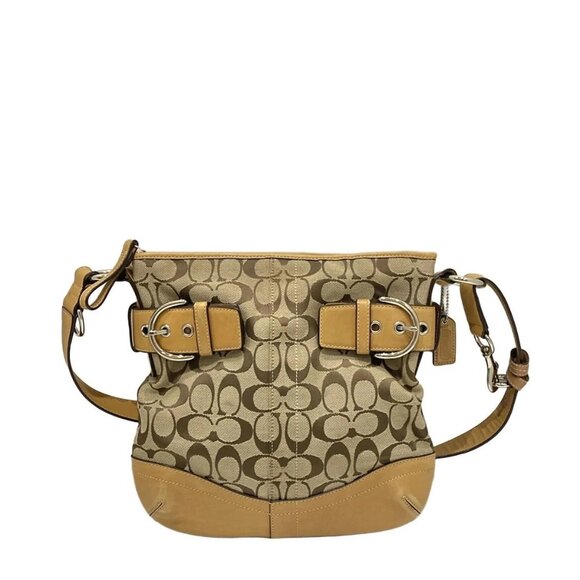 Auth COACH Signature Soft Duffle F03574 Khaki Light Brown Jacquard Leather - Picture 1 of 12